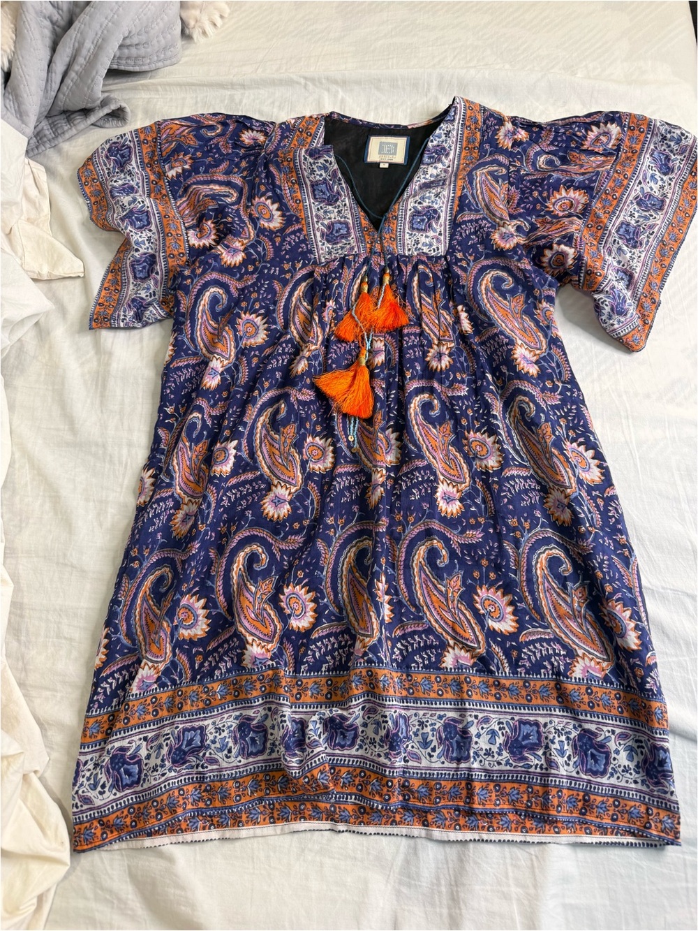 Bell' Navy Paisley Boho Dress with Orange Tassels